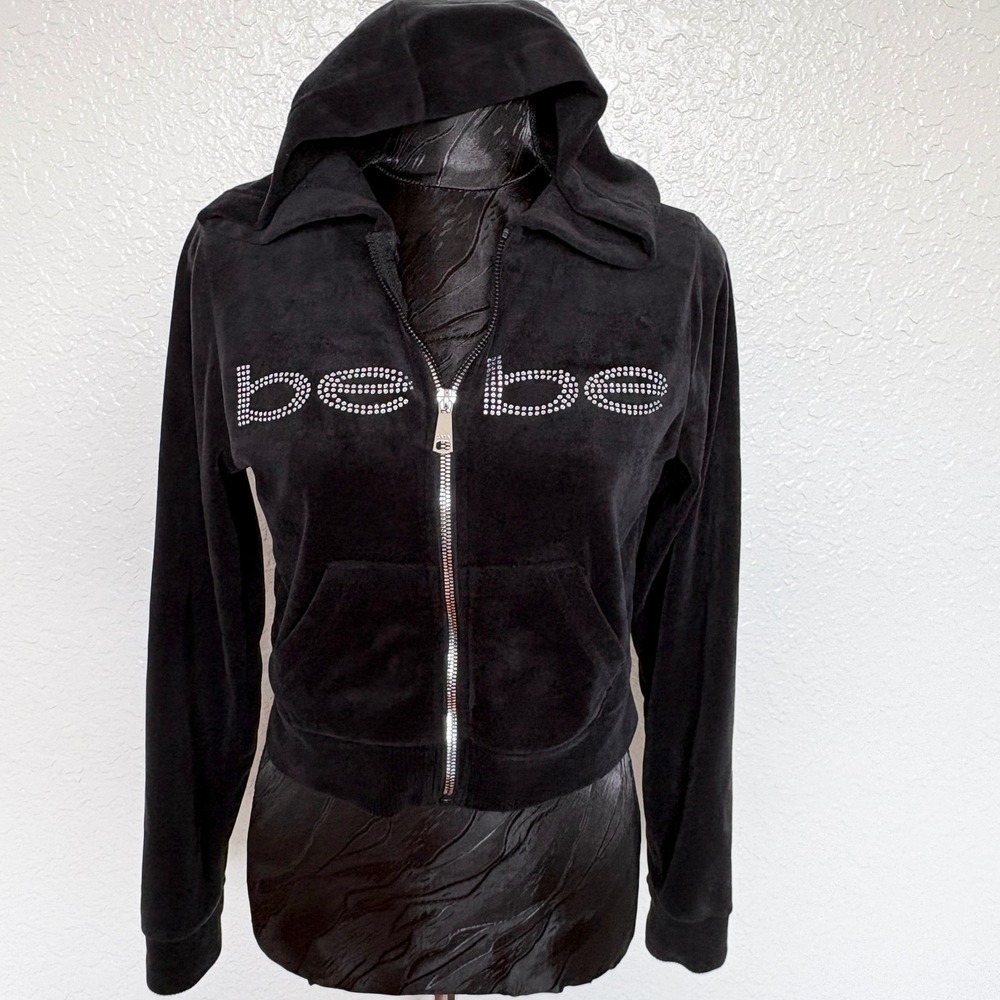 bebe Hoodie‎ Velour Rhinestone Logo Zip Up, Womens M Black